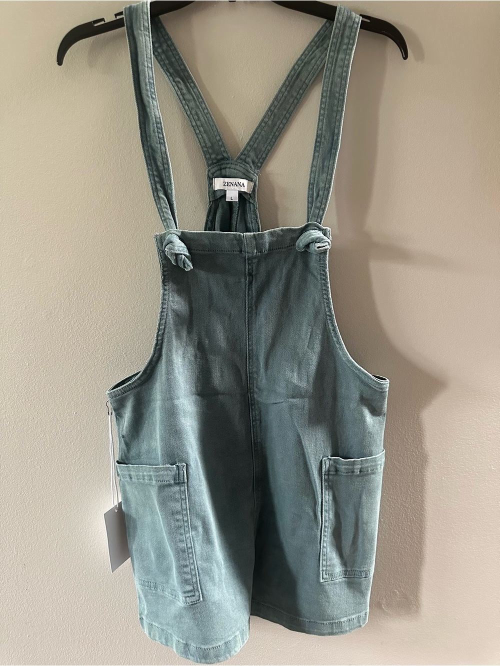 Zenana Mineral Wash Knot Strap Romper Size Large NWT Denim Shortalls Overalls
